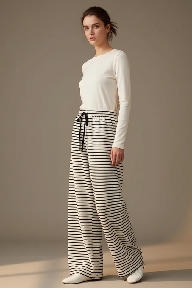 Pantalon Japonais Rayé Ample Fluide Confortable Femme - Imprimé Maille
