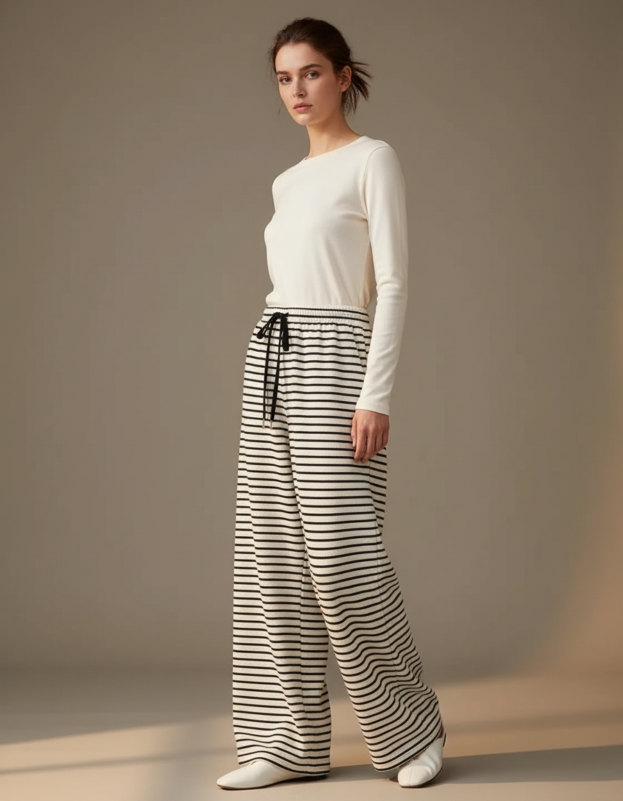 Pantalon Japonais Rayé Ample Fluide Confortable Femme - Imprimé Maille