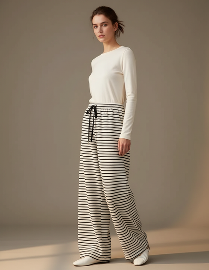 Pantalon Japonais Rayé Ample Fluide Confortable Femme - Imprimé Maille