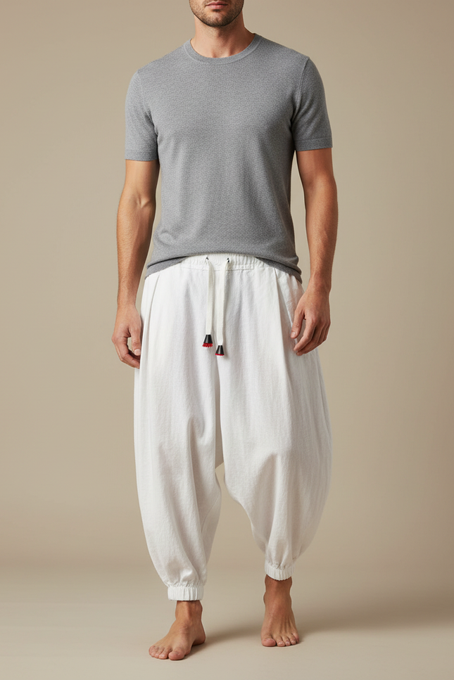 Pantalon Japonais Harem Blanc Coton Lin Ample