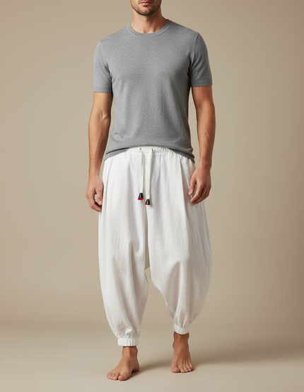 Pantalon Japonais Harem Blanc Coton Lin Ample