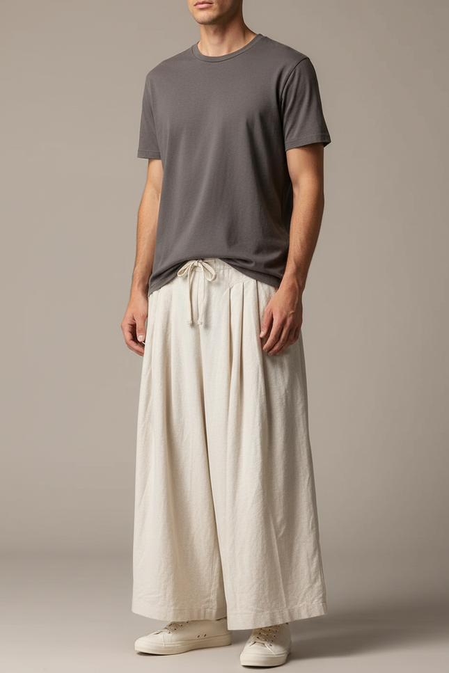 Pantalon Japonais Large Lin Ample Beige Décontracté