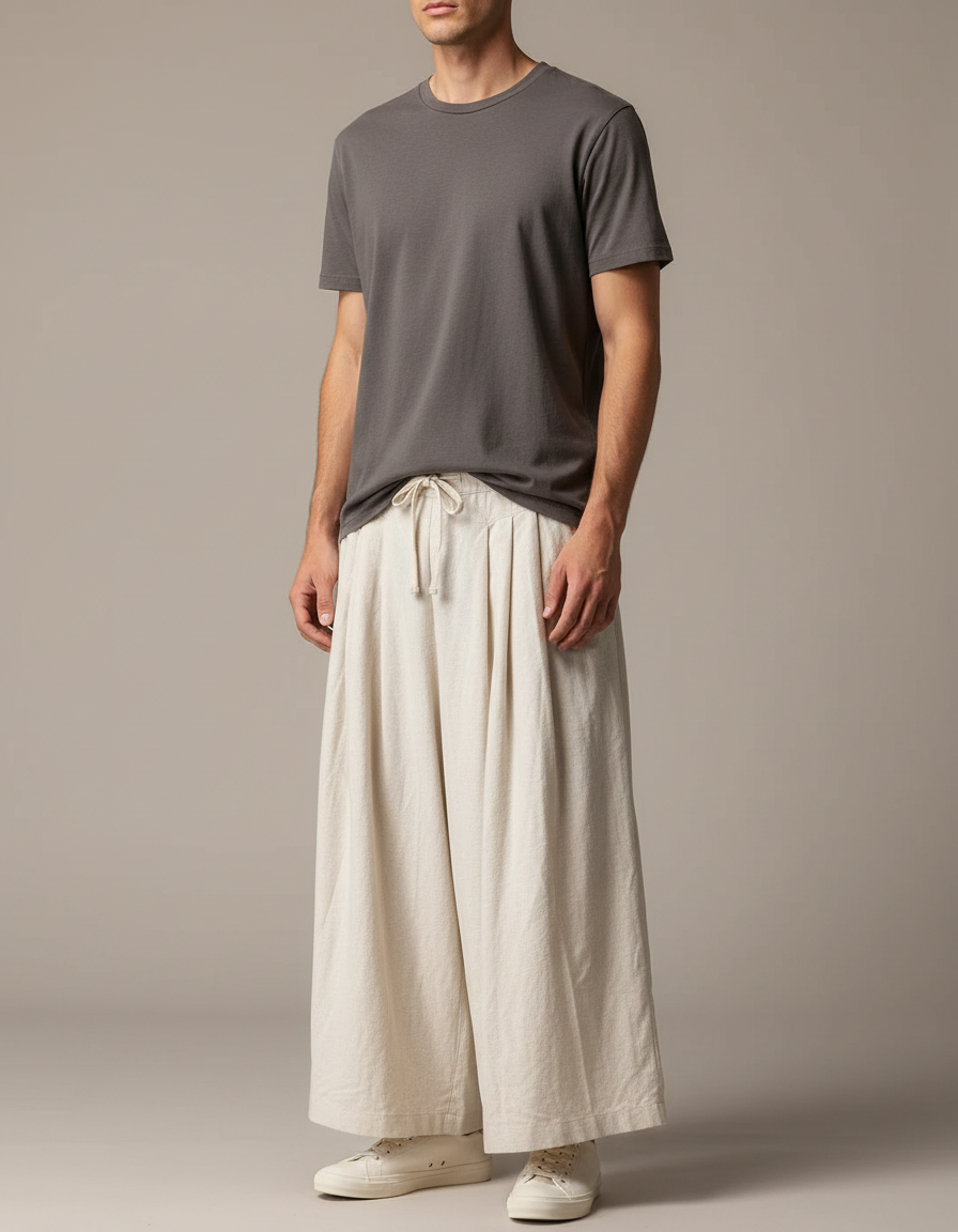 Pantalon Japonais Large Lin Ample Beige Décontracté