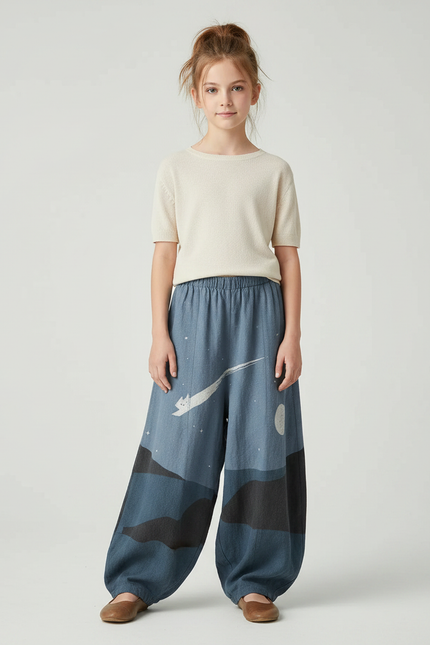 Pantalon Japonais Bleu Nuit Ample Imprimé Lune Chat - Coton