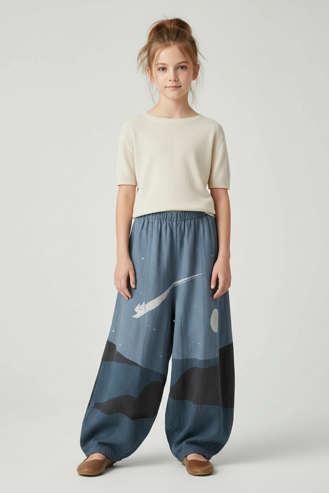 Pantalon Japonais Bleu Nuit Ample Imprimé Lune Chat - Coton
