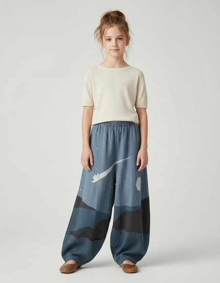 Pantalon Japonais Bleu Nuit Ample Imprimé Lune Chat - Coton