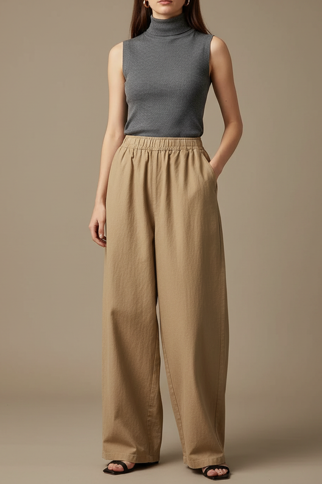 Pantalon Japonais Ample Beige Coton Unisexe Décontracté - Toile