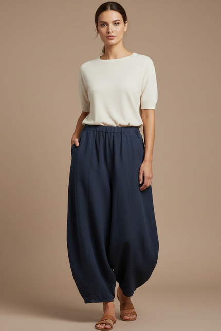Pantalon Japonais Bleu Marine Ample Coton Lin Femme
