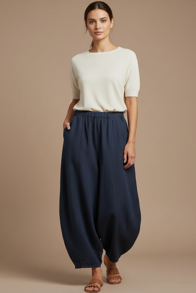 Pantalon Japonais Bleu Marine Ample Coton Lin Femme