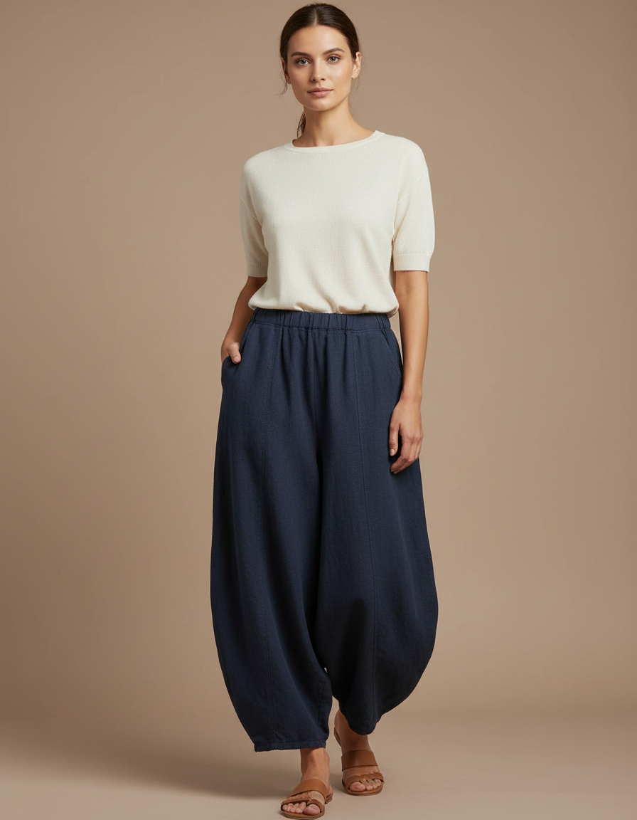 Pantalon Japonais Bleu Marine Ample Coton Lin Femme