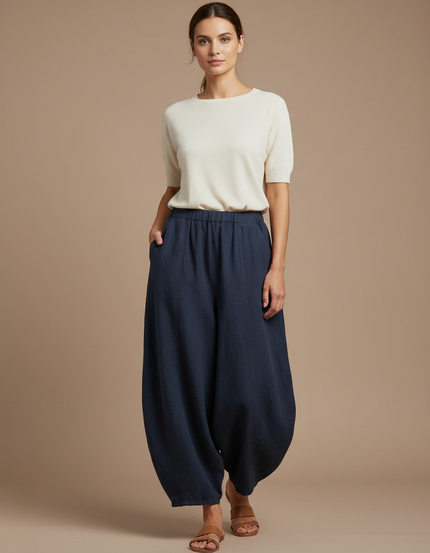 Pantalon Japonais Bleu Marine Ample Coton Lin Femme