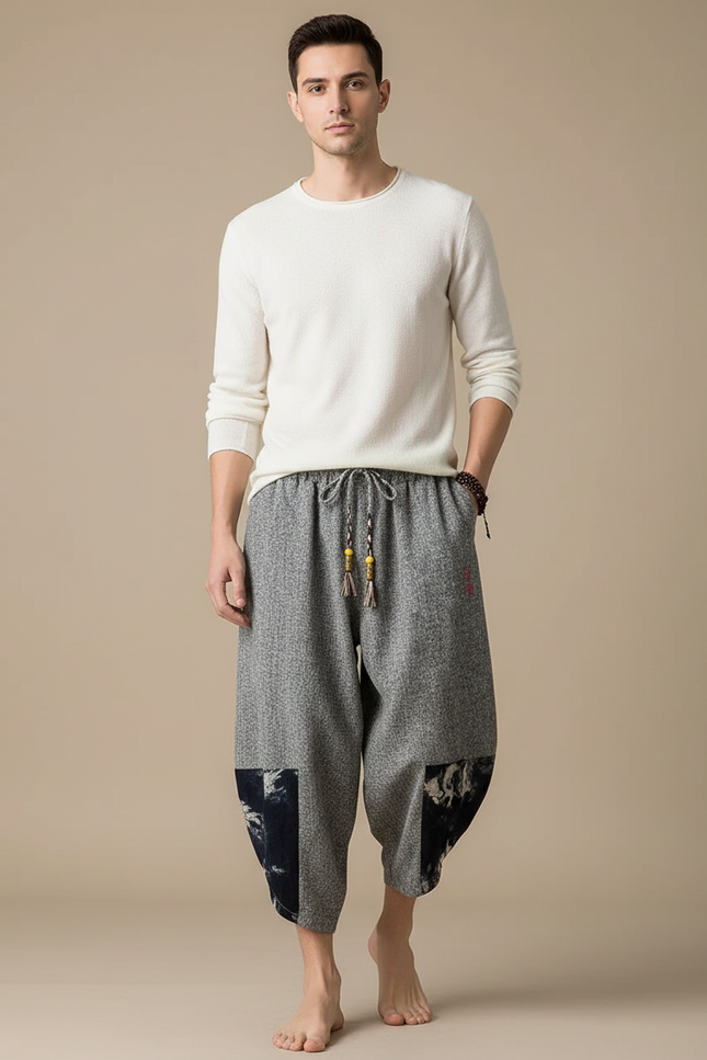 Pantalon Japonais Gris Ample Patchwork Décontracté Coton