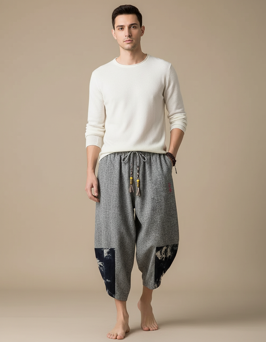 Pantalon Japonais Gris Ample Patchwork Décontracté Coton