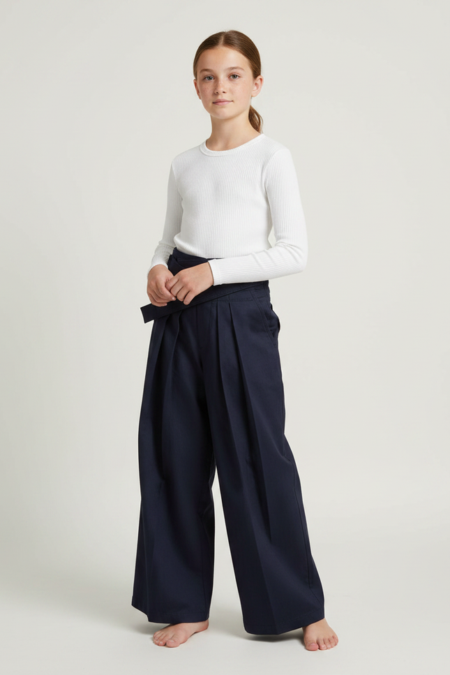 Pantalon Japonais Marine Plissé Ample Ceinturé Enfant - Gabardine