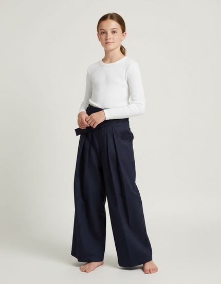 Pantalon Japonais Marine Plissé Ample Ceinturé Enfant - Gabardine