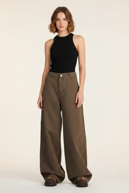 Pantalon Japonais Marron Ample Déstructuré Unisexe - Toile