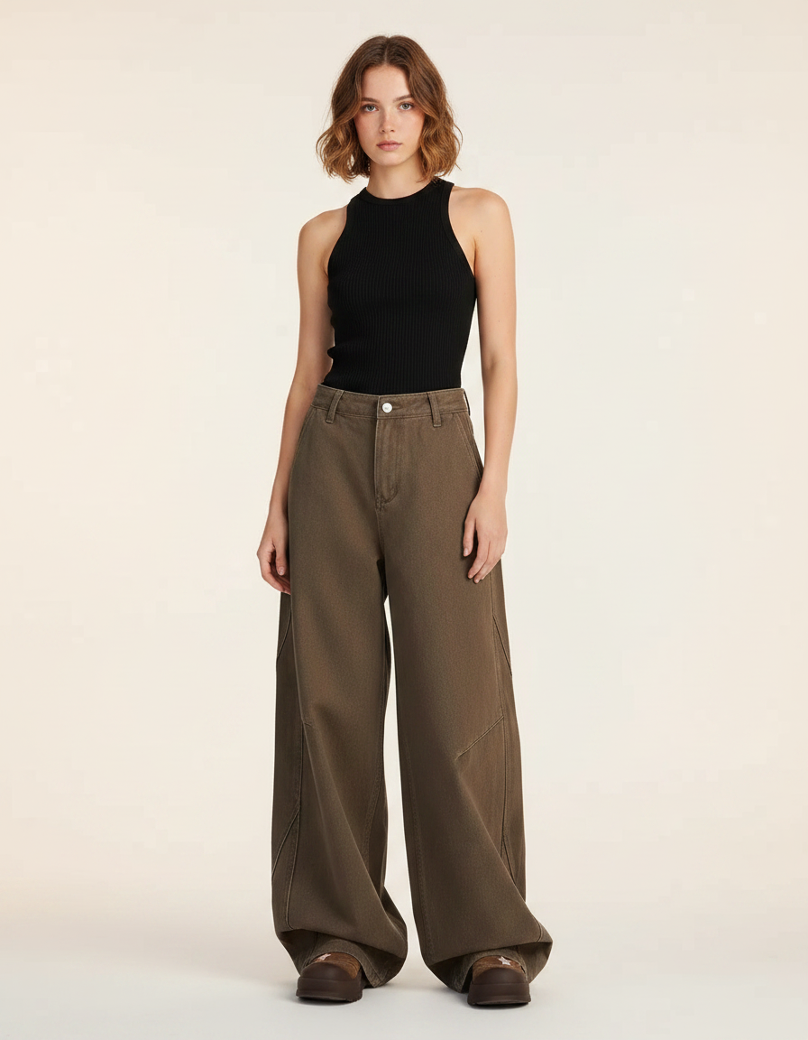Pantalon Japonais Marron Ample Déstructuré Unisexe - Toile