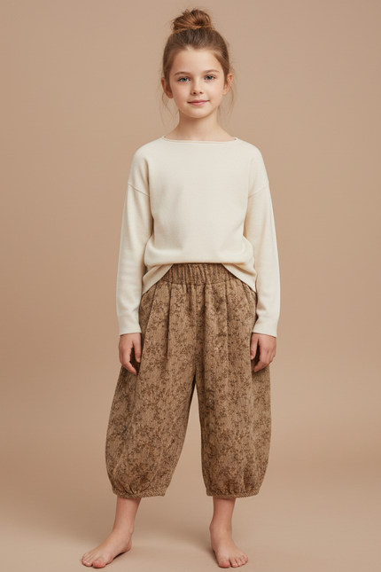 Pantalon Japonais Côtelé Floral Ample Harem Enfant - Camel Cordé