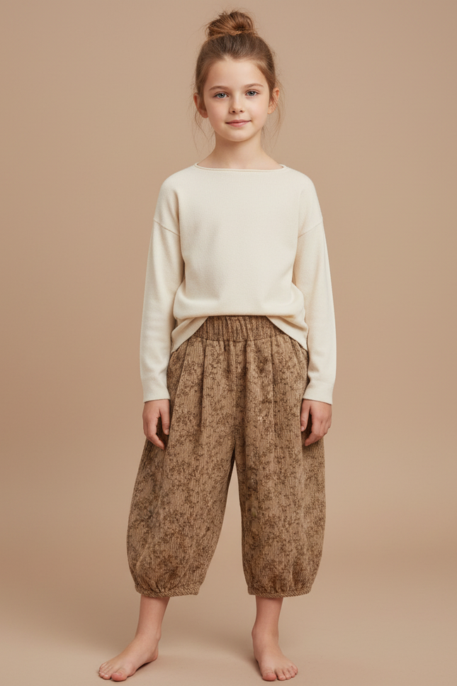Pantalon Japonais Côtelé Floral Ample Harem Enfant - Camel Cordé