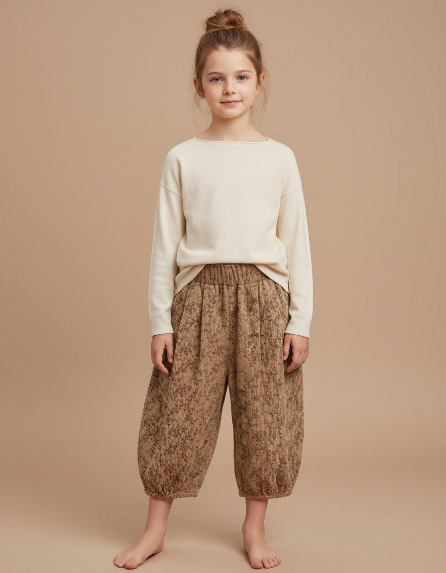 Pantalon Japonais Côtelé Floral Ample Harem Enfant - Camel Cordé