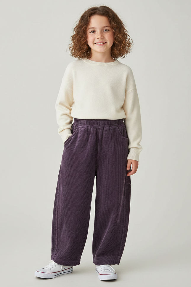 Pantalon Japonais Violet Côtelé Ample Décontracté Enfant - Cordé