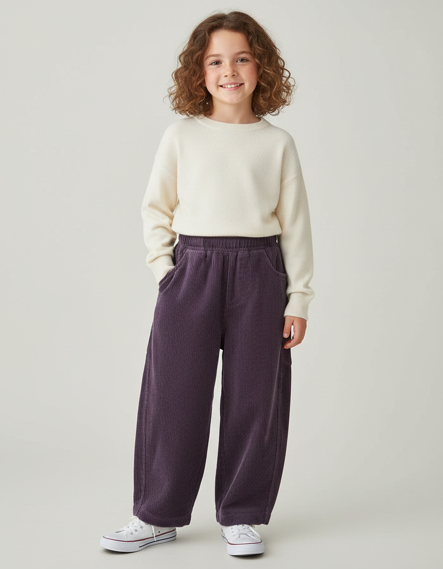 Pantalon Japonais Violet Côtelé Ample Décontracté Enfant - Cordé