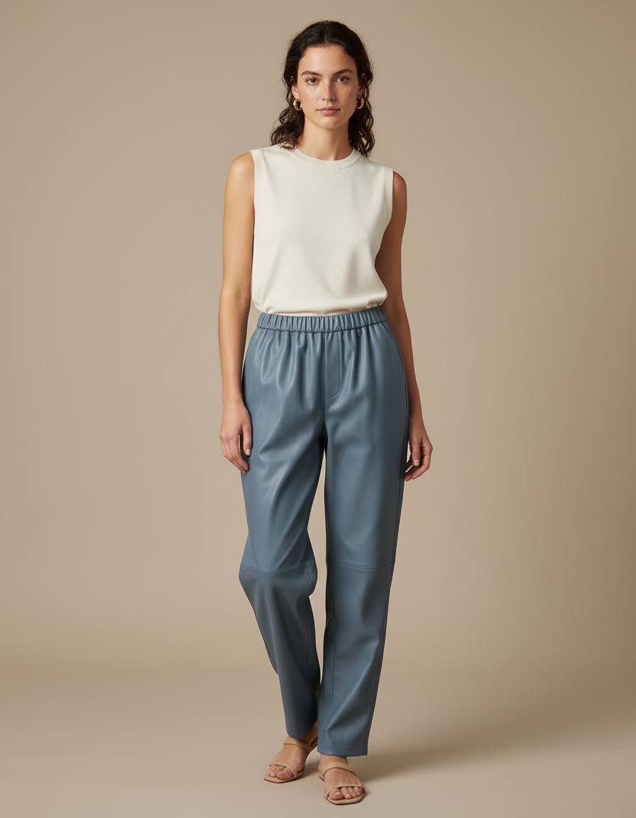 Pantalon Japonais Bleu Cuir Ample Taille Élastique