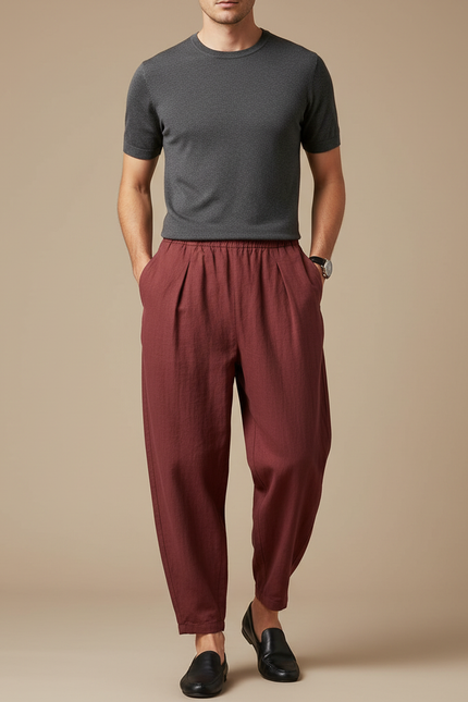 Pantalon Japonais Marron Lin Ample Plissé Homme - Bordeaux