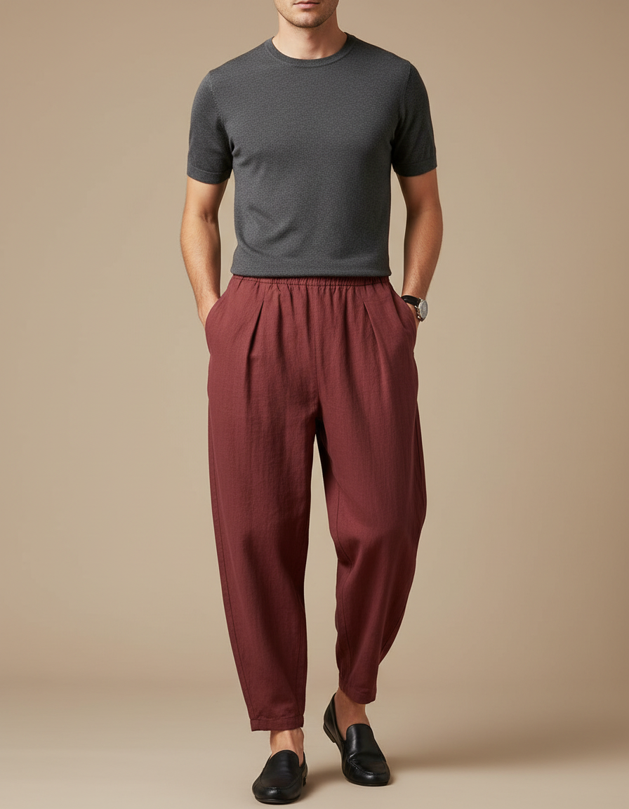 Pantalon Japonais Marron Lin Ample Plissé Homme - Bordeaux