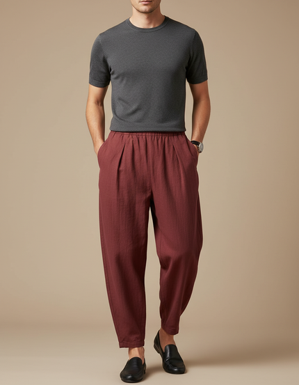 Pantalon Japonais Marron Lin Ample Plissé Homme - Bordeaux