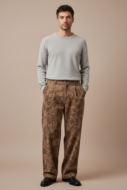 Pantalon Japonais Marron Fleuri Velours Côtelé Ample - Cordé