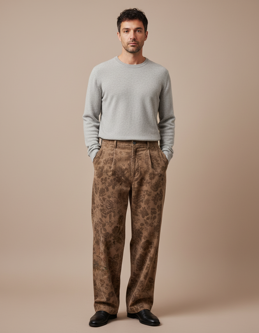 Pantalon Japonais Marron Fleuri Velours Côtelé Ample - Cordé