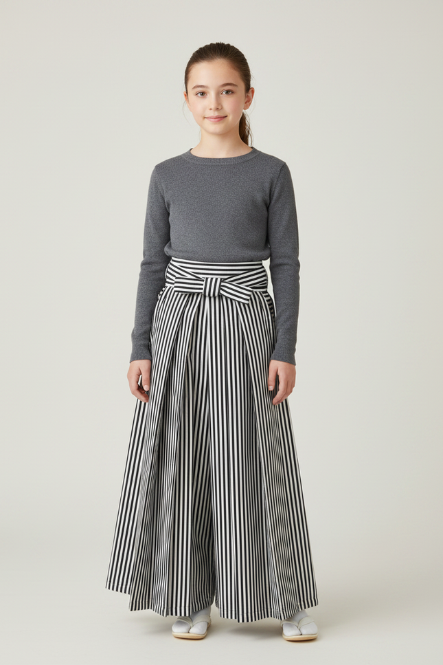Pantalon Japonais Rayé Ample Noir Blanc Fille - Imprimé Toile