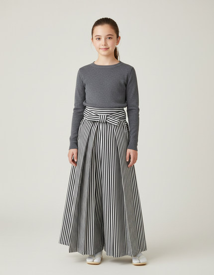 Pantalon Japonais Rayé Ample Noir Blanc Fille - Imprimé Toile