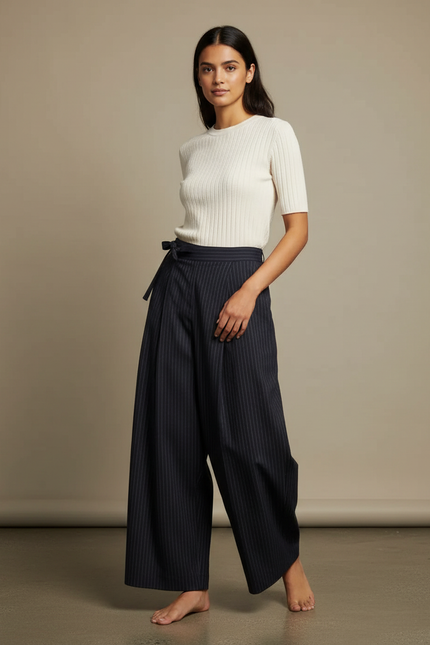 Pantalon Japonais Rayé Ample Fluide Noir Élégant - Marine Viscose