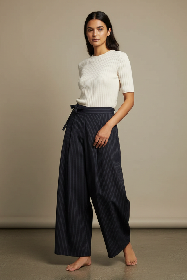 Pantalon Japonais Rayé Ample Fluide Noir Élégant - Marine Viscose