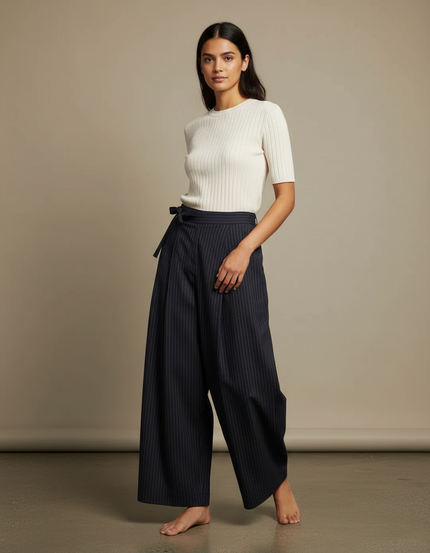 Pantalon Japonais Rayé Ample Fluide Noir Élégant - Marine Viscose