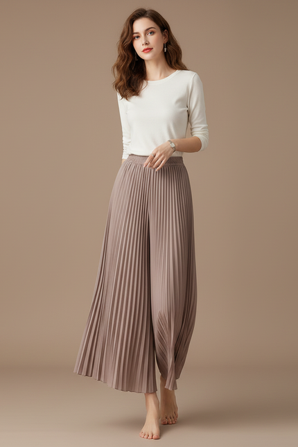 Pantalon Japonais Plissé Fluide Ample Élégant Marron - Polyester