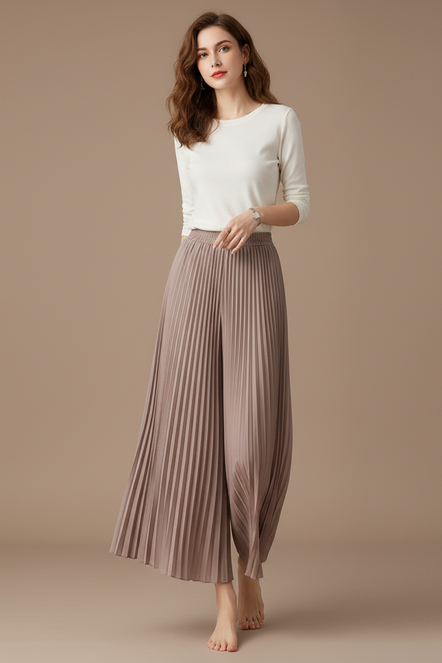 Pantalon Japonais Plissé Fluide Ample Élégant Marron - Polyester