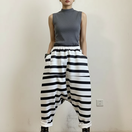 Pantalon Japonais Harem Rayé Noir Blanc Ample - Imprimé Polyester