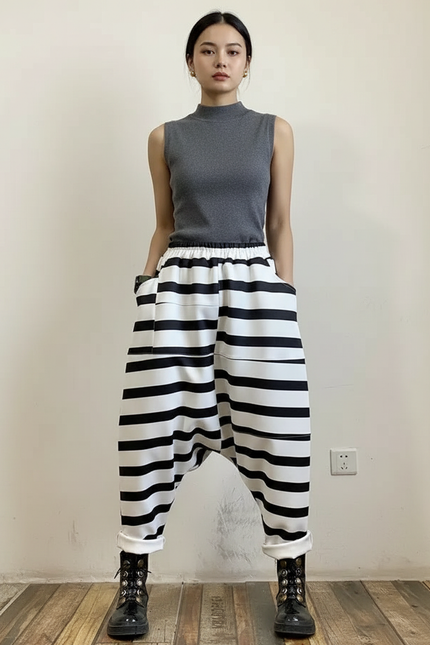 Pantalon Japonais Harem Rayé Noir Blanc Ample - Imprimé Polyester