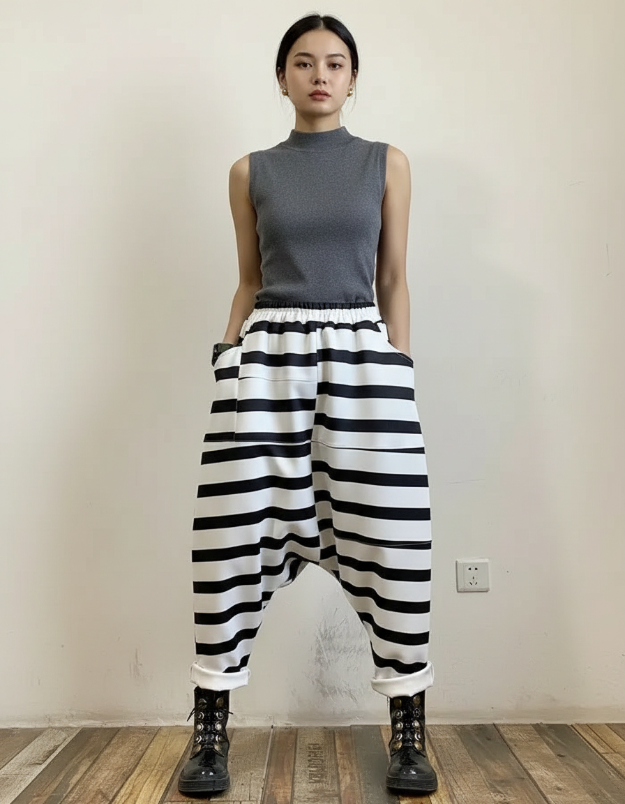 Pantalon Japonais Harem Rayé Noir Blanc Ample - Imprimé Polyester