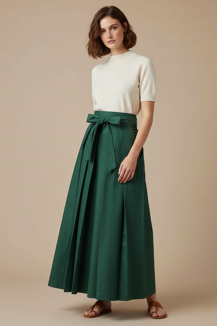 Pantalon Japonais Vert Plissé Ample Taille Haute Ceinture - Gabardine