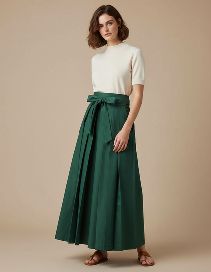 Pantalon Japonais Vert Plissé Ample Taille Haute Ceinture - Gabardine
