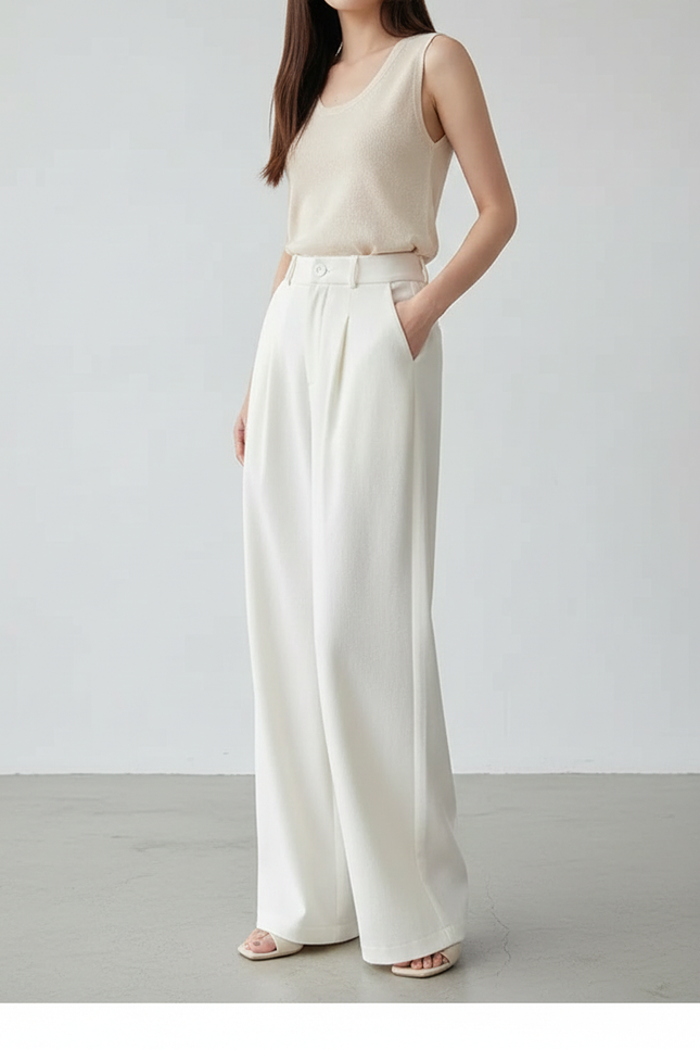 Pantalon Japonais Blanc Fluide Ample Élégant Plissé - Polyester