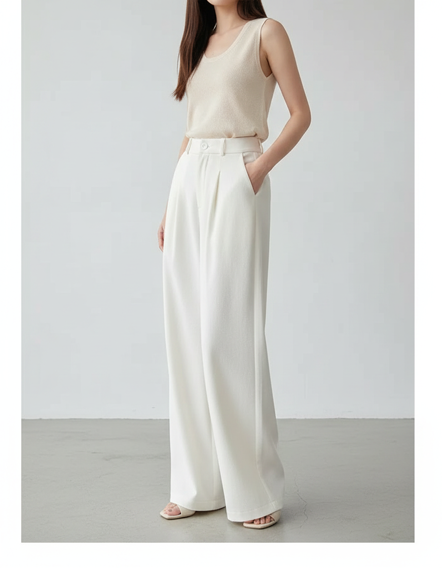 Pantalon Japonais Blanc Fluide Ample Élégant Plissé - Polyester