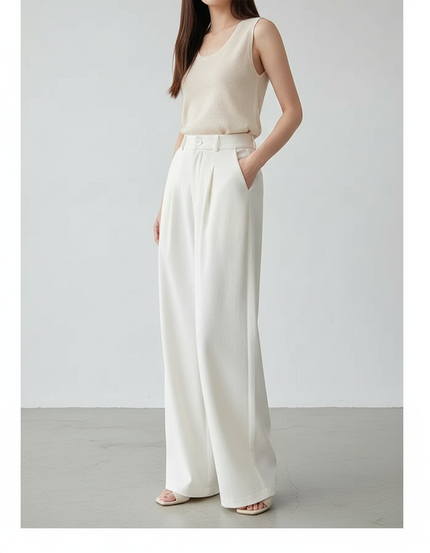 Pantalon Japonais Blanc Fluide Ample Élégant Plissé - Polyester