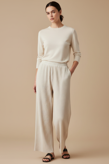Pantalon Japonais Plissé Fluide Crème Ample Femme - Beige Maille