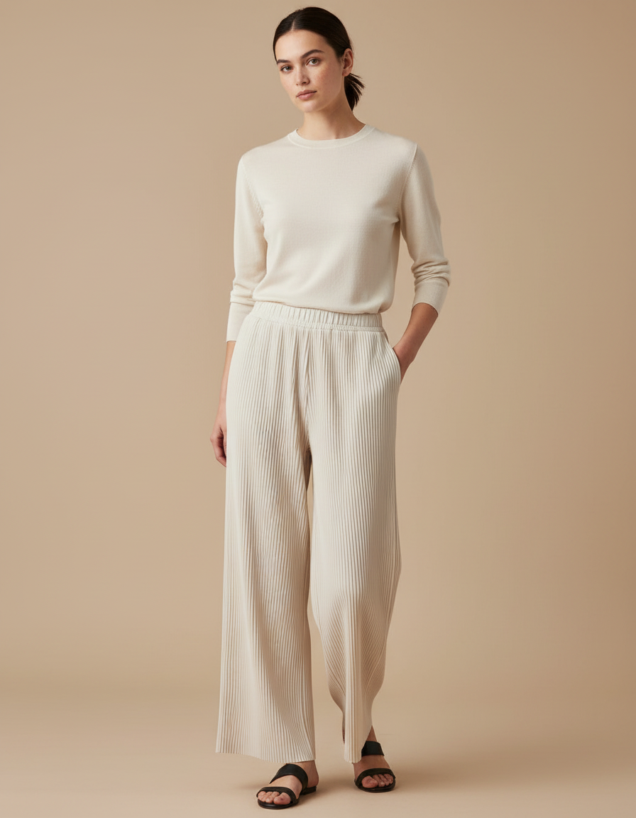 Pantalon Japonais Plissé Fluide Crème Ample Femme - Beige Maille