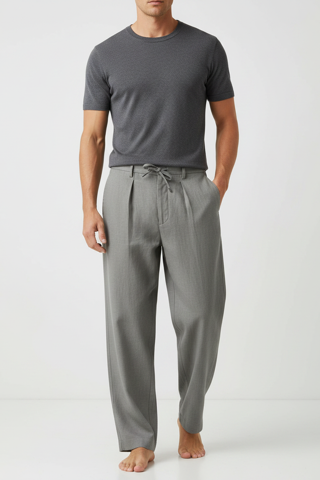 Pantalon Japonais Gris Plissé Ample Confortable Cordon - Gabardine